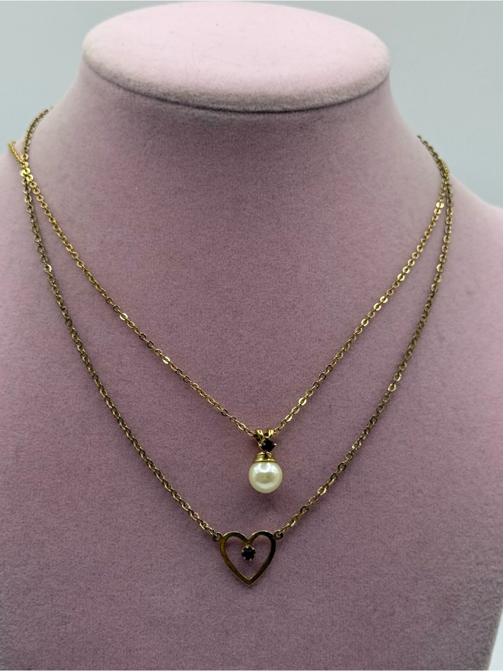 Set of two Avon Gold-Tone Necklace with Pearl Drop and Heart Pendant